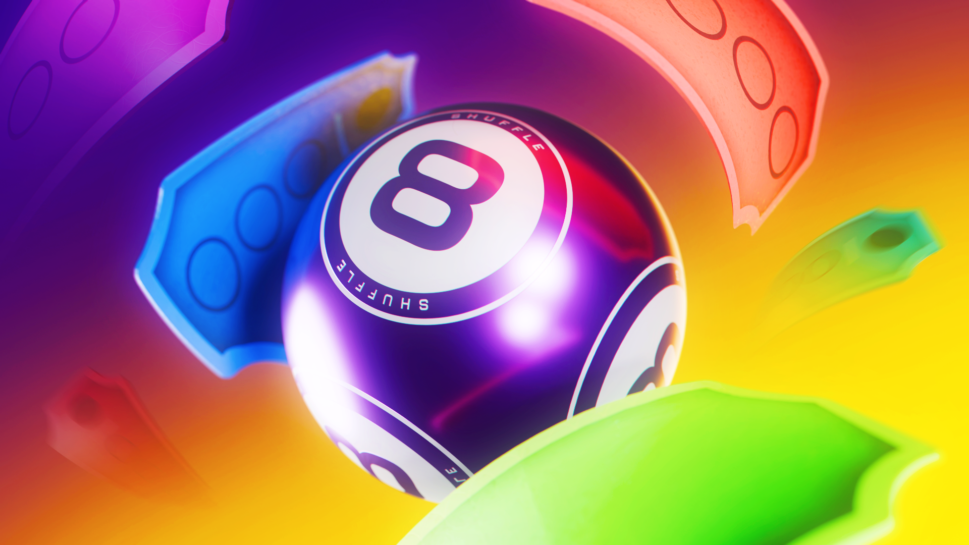 Vibrant, high-energy 3D CGI promotional artwork for SHFL Lottery (Shuffle Lottery). The central focus is a large, glossy metallic purple billiards-style 8-ball with dramatic reflections and neon glows. A bold white circle contains a stylized purple "8", encircled by the word "SHUFFLE" arched at the top and bottom.
Dynamically floating around the ball are colorful stylized lottery tickets, game chips, and money bills in bright blue, red, orange, and lime green — featuring perforated edges, circular cutouts, and a sense of motion. The background is an abstract, glowing gradient exploding from deep purple/magenta on the left to radiant yellow/orange on the right, evoking excitement, luck, and big wins.